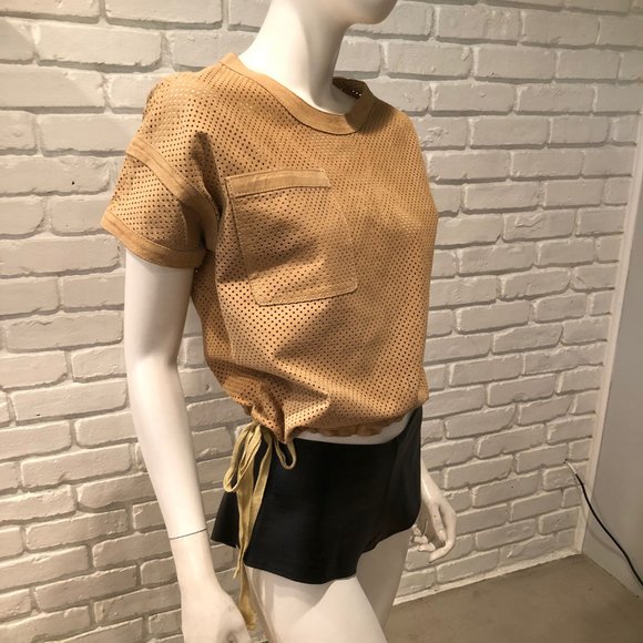 Tops - CAMEL TAN LAZER CUT SUEDE LEATHER CINCHED CROP TOP